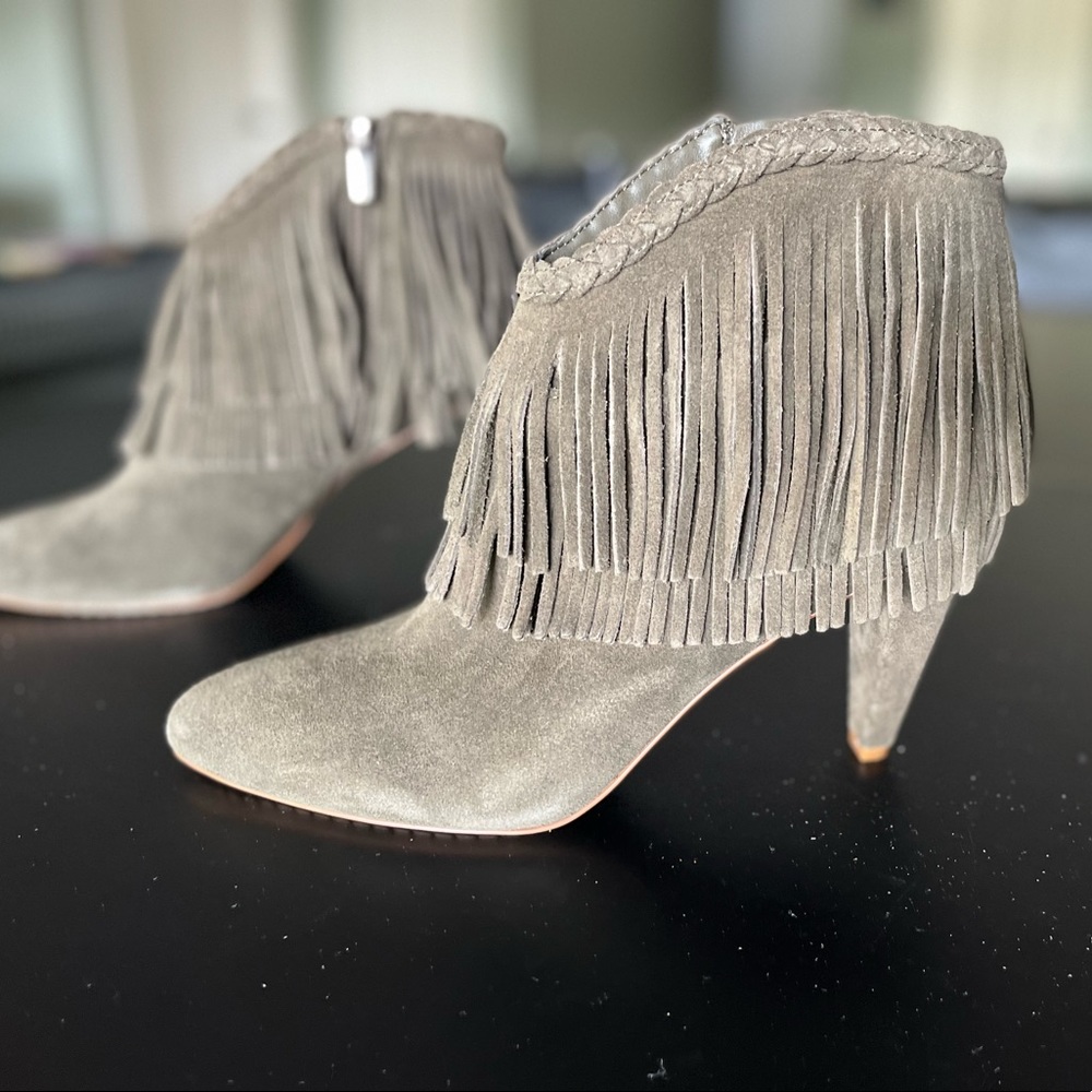 Vince Camuto Fringe booties. Size 8.5/39. Olive in color. Never worn. NWOT